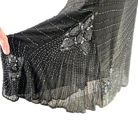 70s Oleg Cassini Black Silk Maxi Sheath Intricate Beading Open Back Womens Sz 6 - Picture 8 of 13